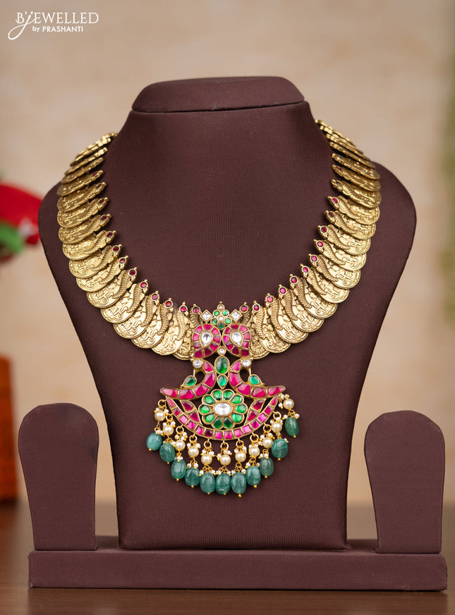 Jadau necklace lakshmi kasu design with kemp jadau kundan stones and pearl & mint green beads hangings without earrings