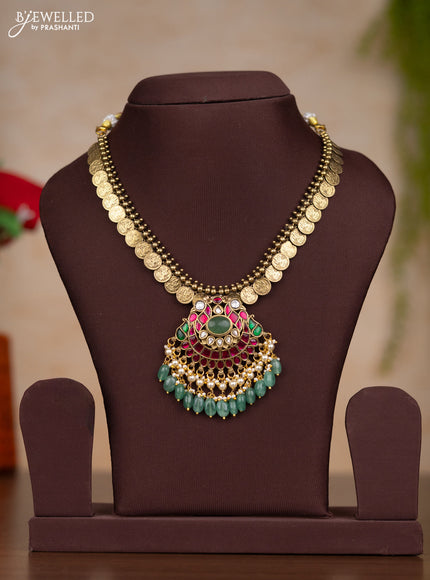 Jadau necklace lakshmi kasu design with kemp jadau kundan stones and pearl & mint green beads hangings without earrings