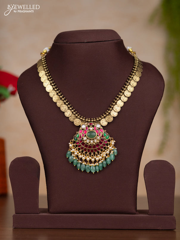Jadau necklace lakshmi kasu design with kemp jadau kundan stones and pearl & mint green beads hangings without earrings
