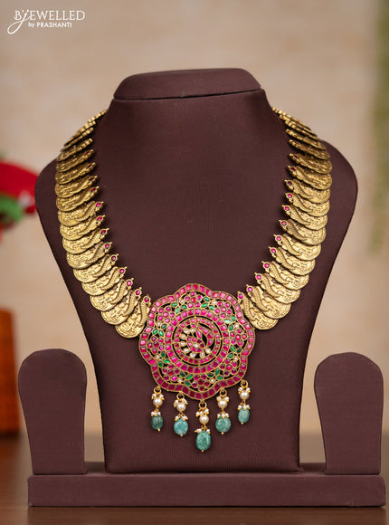 Jadau necklace lakshmi kasu design with kemp jadau kundan stones and pearl & mint green beads hangings without earrings