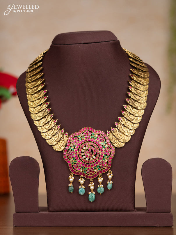 Jadau necklace lakshmi kasu design with kemp jadau kundan stones and pearl & mint green beads hangings without earrings