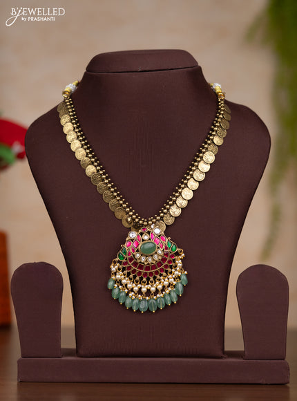 Jadau necklace lakshmi kasu design with kemp jadau kundan stones and pearl & mint green beads hangings without earrings