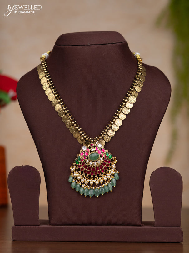 Jadau necklace lakshmi kasu design with kemp jadau kundan stones and pearl & mint green beads hangings without earrings