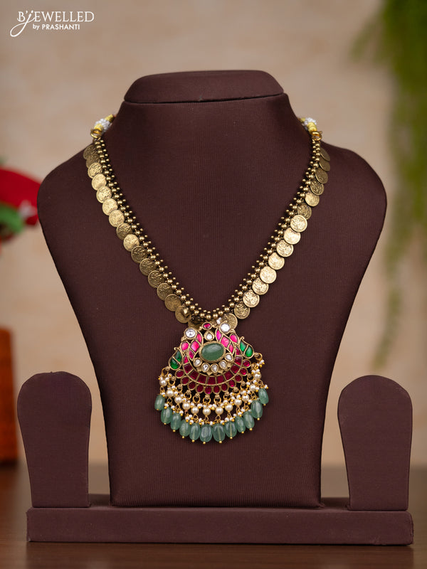 Jadau necklace lakshmi kasu design with kemp jadau kundan stones and pearl & mint green beads hangings without earrings