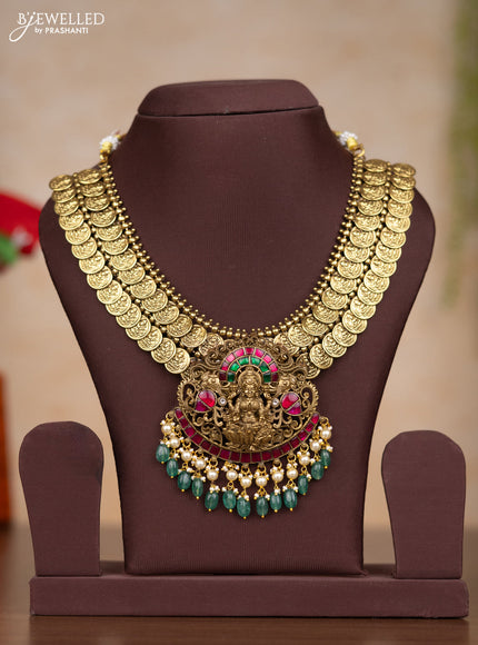 Jadau necklace lakshmi kasu design with kemp jadau kundan stones and pearl & green beads hangings without earrings