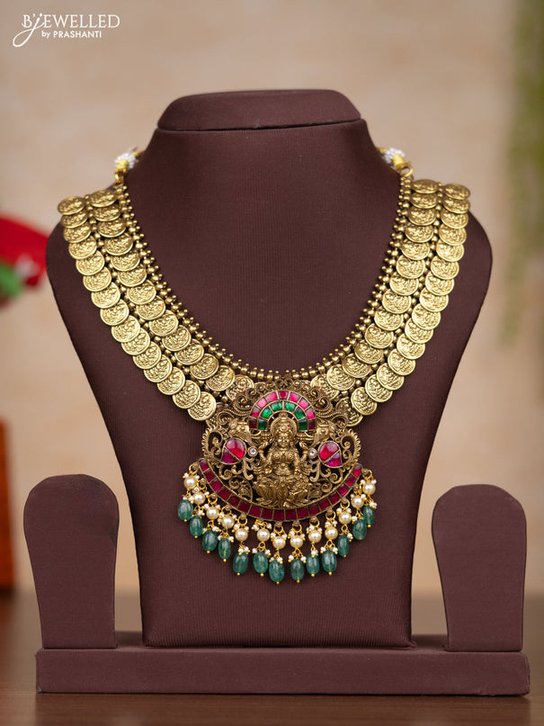 Jadau necklace lakshmi kasu design with kemp jadau kundan stones and pearl & green beads hangings without earrings
