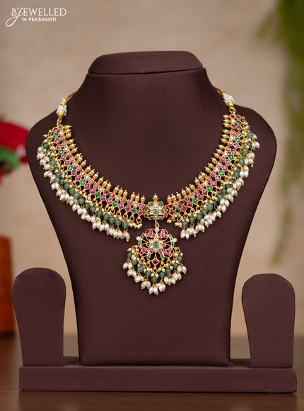 Jadau necklace with kemp jadau kundan stones and pearl & green beads hangings without earrings