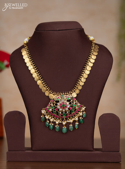 Jadau necklace lakshmi kasu design with kemp jadau kundan stones and pearl & green beads hangings without earrings