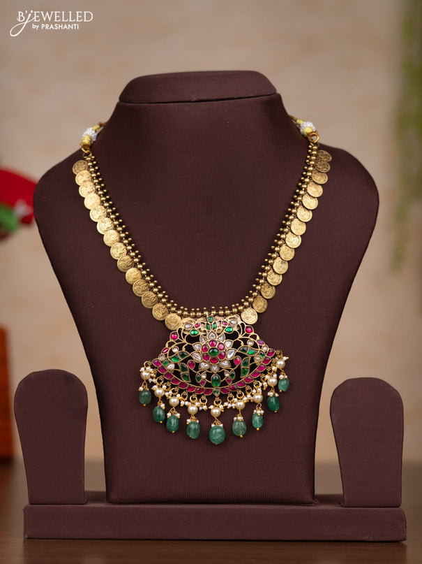 Jadau necklace lakshmi kasu design with kemp jadau kundan stones and pearl & green beads hangings without earrings