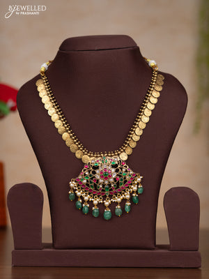 Jadau necklace lakshmi kasu design with kemp jadau kundan stones and pearl & green beads hangings without earrings