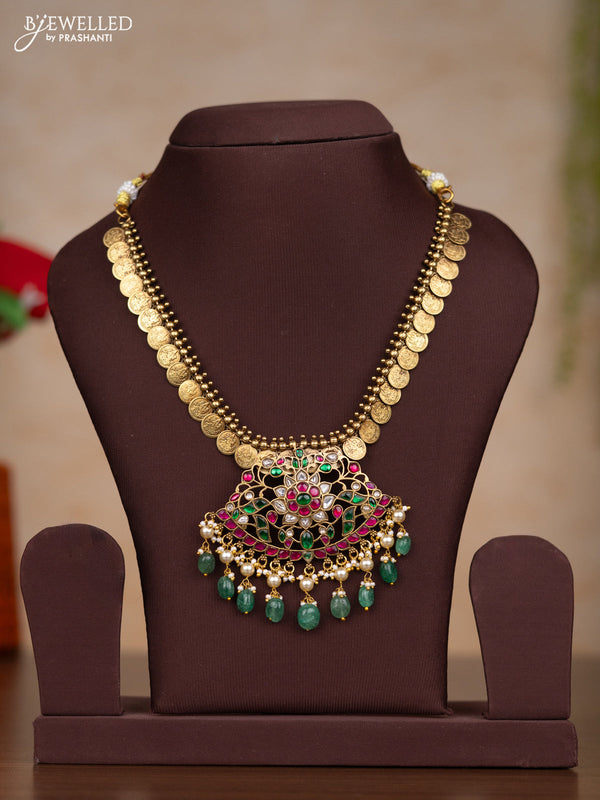 Jadau necklace lakshmi kasu design with kemp jadau kundan stones and pearl & green beads hangings without earrings