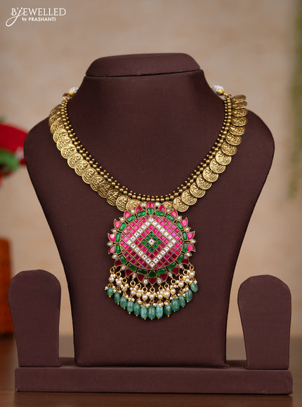 Jadau necklace lakshmi kasu design with kemp jadau kundan stones and pearl & green beads hangings without earrings
