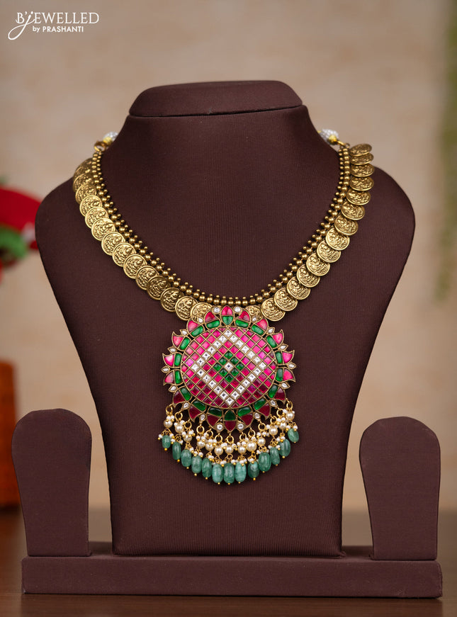 Jadau necklace lakshmi kasu design with kemp jadau kundan stones and pearl & green beads hangings without earrings