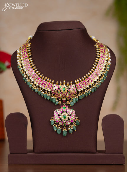 Jadau necklace with kemp jadau kundan stones and pearl & mint green beads hangings without earrings