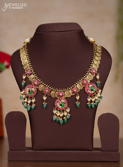 Jadau necklace lakshmi kasu design with kemp jadau kundan stones and pearl & green beads hangings without earrings