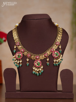 Jadau necklace lakshmi kasu design with kemp jadau kundan stones and pearl & green beads hangings without earrings
