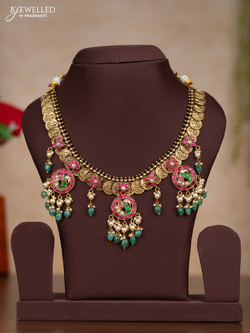 Jadau necklace lakshmi kasu design with kemp jadau kundan stones and pearl & green beads hangings without earrings