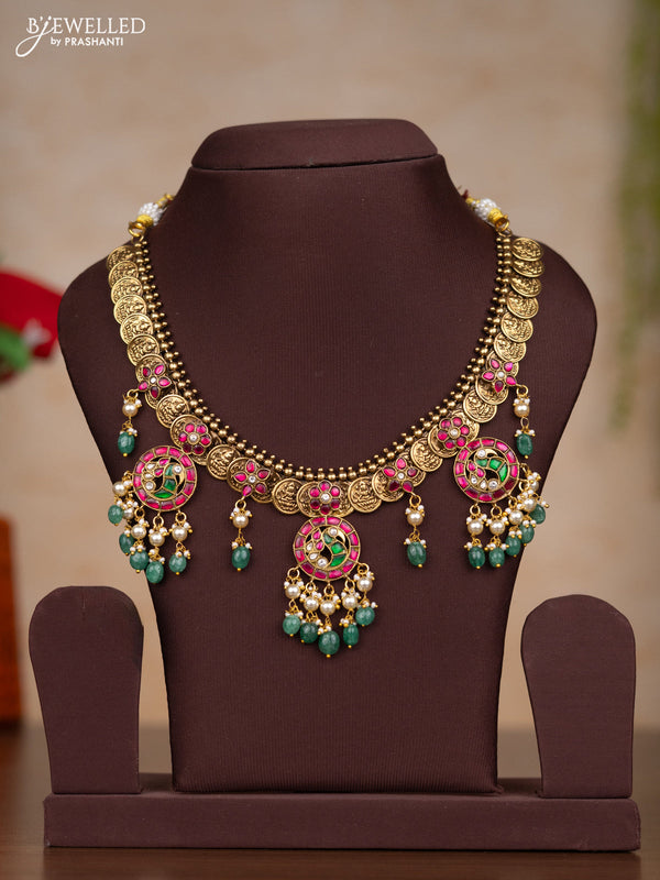 Jadau necklace lakshmi kasu design with kemp jadau kundan stones and pearl & green beads hangings without earrings