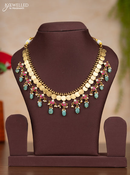 Jadau necklace with pink jadau kundan stones and pearl & mint green beads hangings without earrings