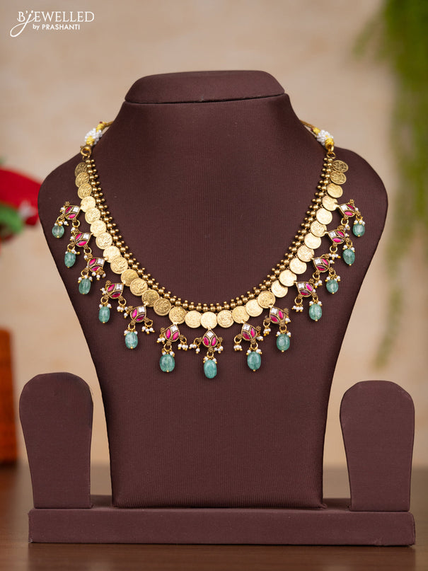 Jadau necklace with pink jadau kundan stones and pearl & mint green beads hangings without earrings
