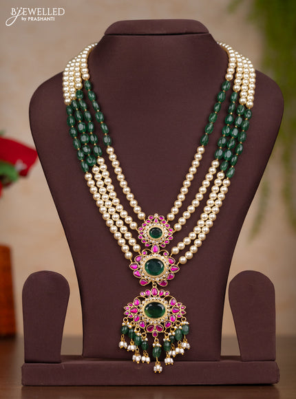 Jadau haaram multilayer pearl and beads with three step jadau kundan pendant & green beads and pearl hanging
