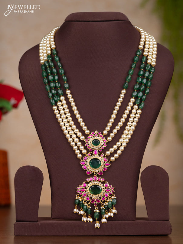 Jadau haaram multilayer pearl and beads with three step jadau kundan pendant & green beads and pearl hanging