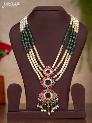 Jadau haaram multilayer pearl and beads with three step jadau kundan pendant & green beads and pearl hanging