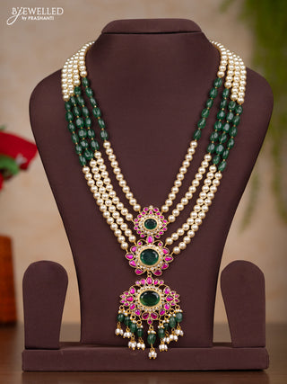 Jadau haaram multilayer pearl and beads with three step jadau kundan pendant & green beads and pearl hanging