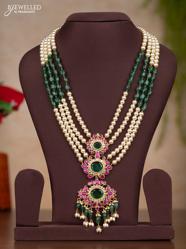 Jadau haaram multilayer pearl and beads with three step jadau kundan pendant & green beads and pearl hanging