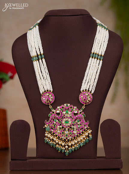 Jadau haaram multilayer white beads with jadau kundan pendant & green beads and pearl hanging