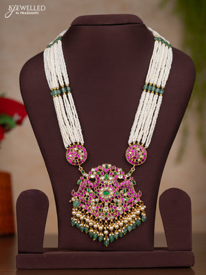 Jadau haaram multilayer white beads with jadau kundan pendant & green beads and pearl hanging