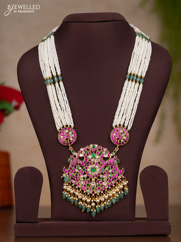 Jadau haaram multilayer white beads with jadau kundan pendant & green beads and pearl hanging
