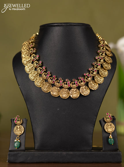 Antique kaasu necklace with lakshmi & peacock deisgn in jadau stones