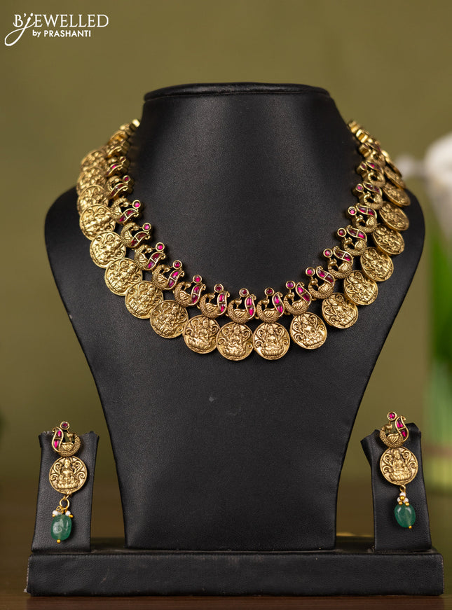 Antique kaasu necklace with lakshmi & peacock deisgn in jadau stones