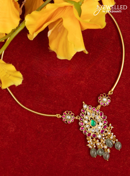 Ring type choker with floral pendant in jadau kundan stones and mint green beads hanging