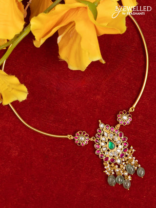 Ring type choker with floral pendant in jadau kundan stones and mint green beads hanging
