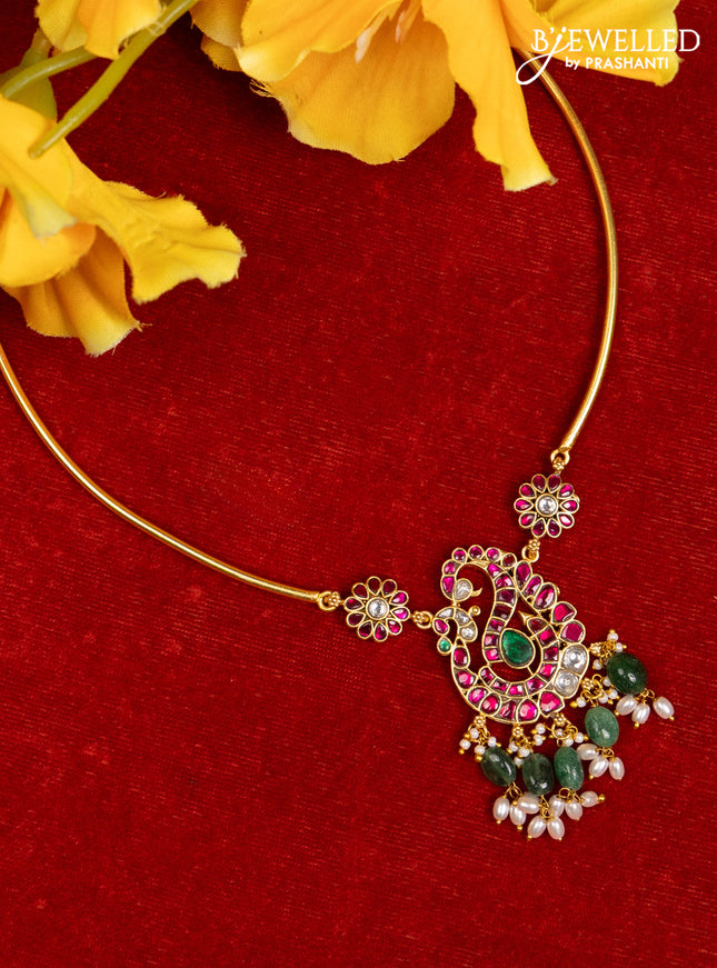 Ring type choker with peacock pendant in jadau kundan stones and green beads hanging