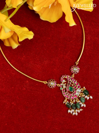 Ring type choker with peacock pendant in jadau kundan stones and green beads hanging