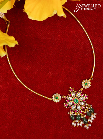 Ring type choker with floral pendant in jadau kundan stones and mint green beads hanging