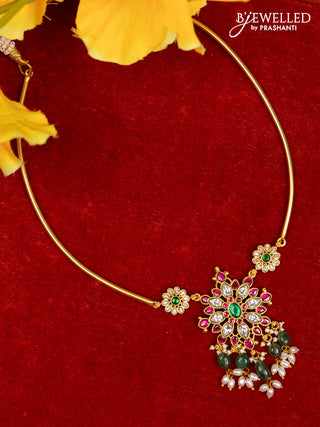 Ring type choker with floral pendant in jadau kundan stones and mint green beads hanging