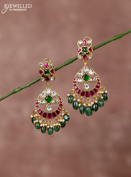Jadau earrings chandbali deisgn with jadau kundan stones and green beads hanging