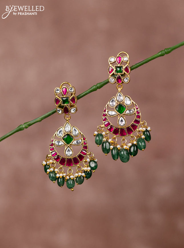 Jadau earrings chandbali deisgn with jadau kundan stones and green beads hanging