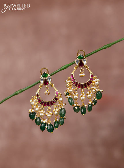Jadau earrings chandbali deisgn with jadau kundan stones and green beads hanging