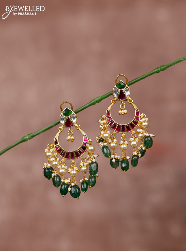 Jadau earrings chandbali deisgn with jadau kundan stones and green beads hanging