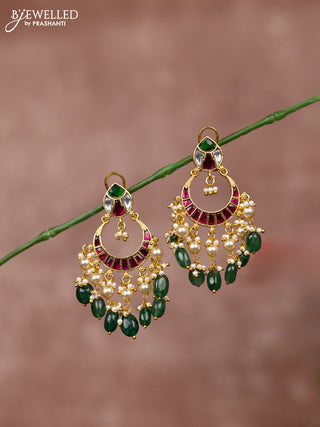 Jadau earrings chandbali deisgn with jadau kundan stones and green beads hanging