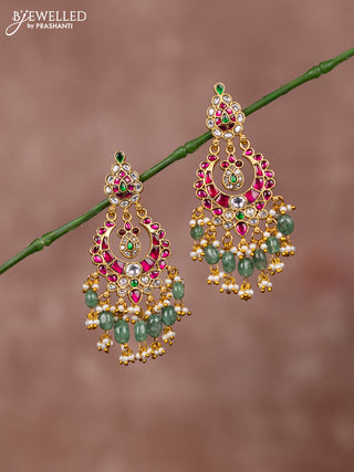 Jadau earrings chandbali deisgn with jadau kundan stones and green beads hanging