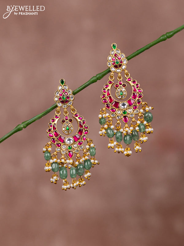 Jadau earrings chandbali deisgn with jadau kundan stones and green beads hanging