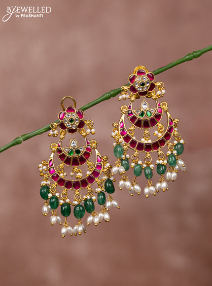 Jadau earrings two layer chandbali deisgn with jadau kundan stones and green beads hanging