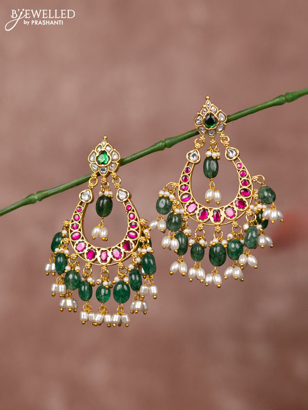 Jadau earrings chandbali deisgn with jadau kundan stones and green beads hanging
