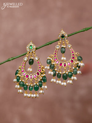 Jadau earrings chandbali deisgn with jadau kundan stones and green beads hanging
